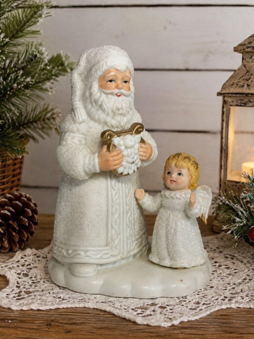 Vintage HOMCO Santa & Angel Figurine #8875 Glitter Christmas Decor